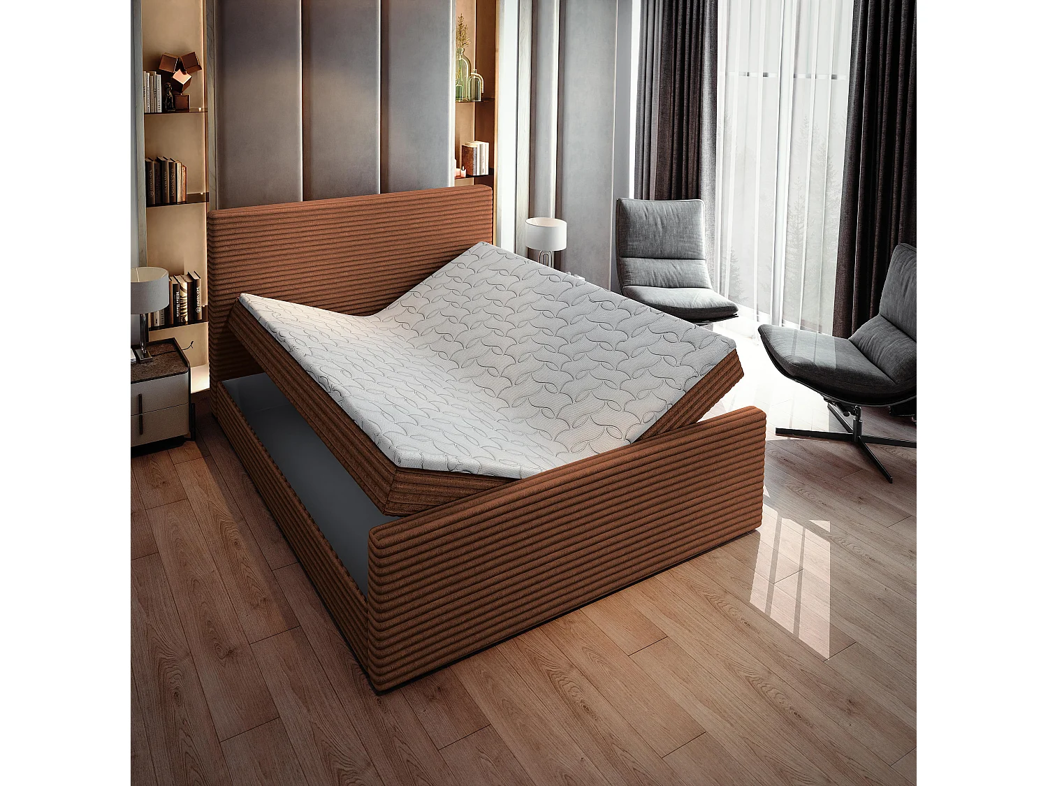 Boxspringbed BRENTO 180x200 cm Set met hoofdbord, bedbodem en matras, Koperkleurig
