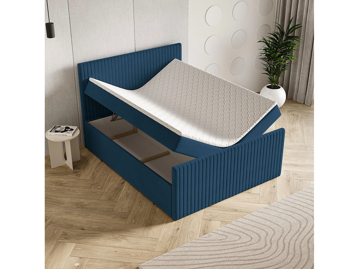 Lit continental TERVAN, 140x200 cm, Tissu pelucheux, Bleu