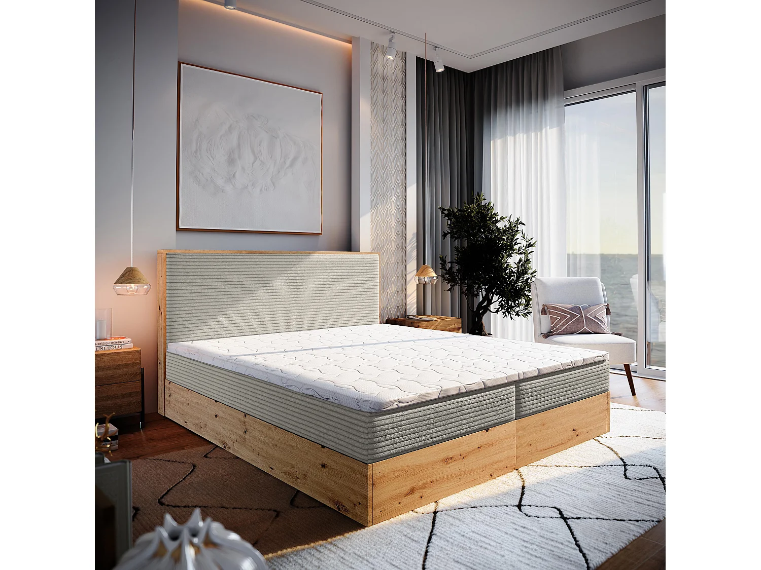 Lit continental VERDON, 160x200 cm, Tissu en velours côtelé, Beige