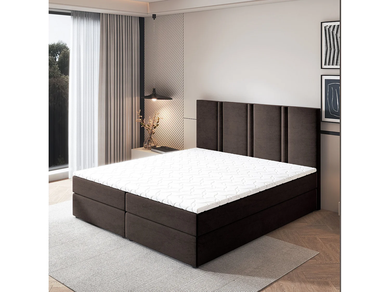 Lit continental LARIO, 140x200 cm, Tissu pelucheux, Marron