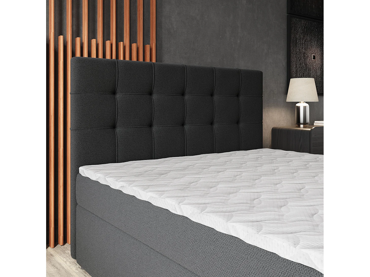 Lit continental PALMA, 160x200 cm, Tissu tressé, Noir
