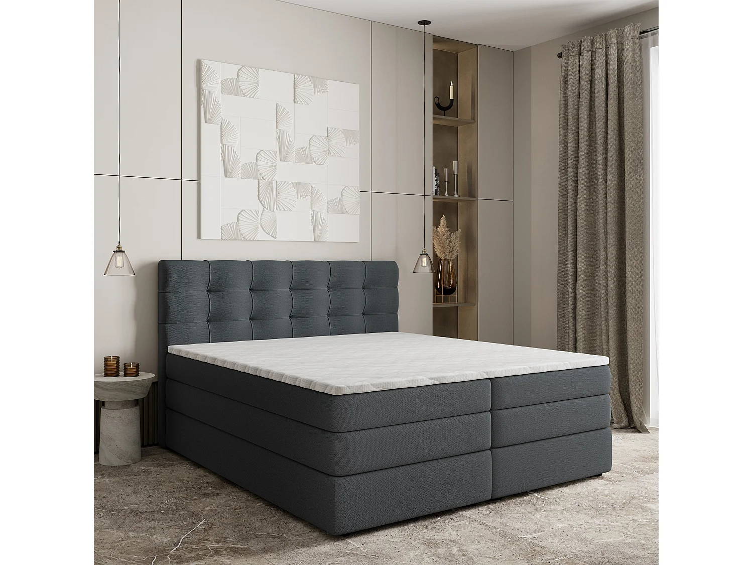 Lit continental AREZI, 160x200 cm, Tissu tressé, Gris