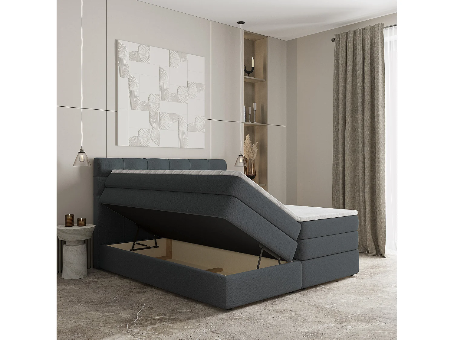 Lit continental AREZI, 160x200 cm, Tissu tressé, Gris