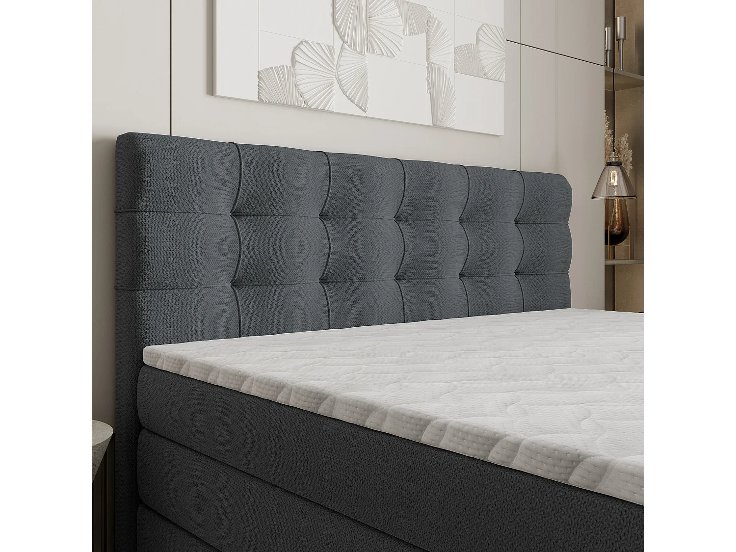 Lit continental AREZI, 160x200 cm, Tissu tressé, Gris