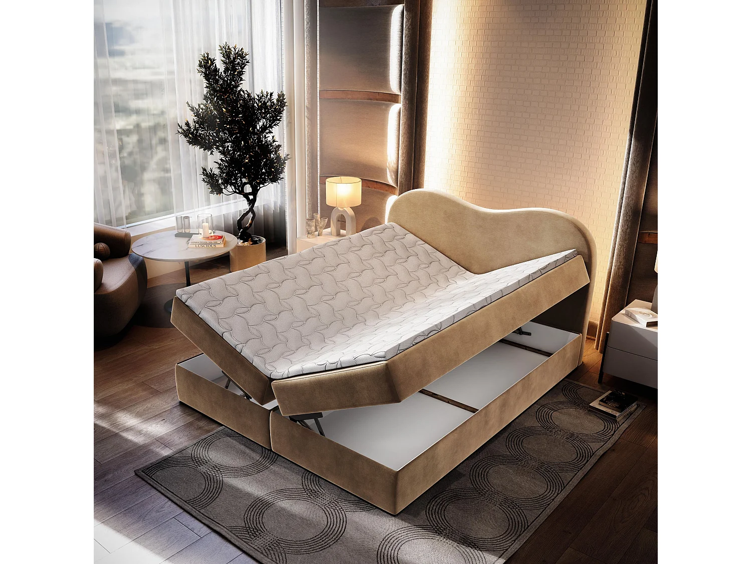 Boxspringbed FLUVIA 180x200 cm Set met hoofdbord, bedbodem en matras, Beige
