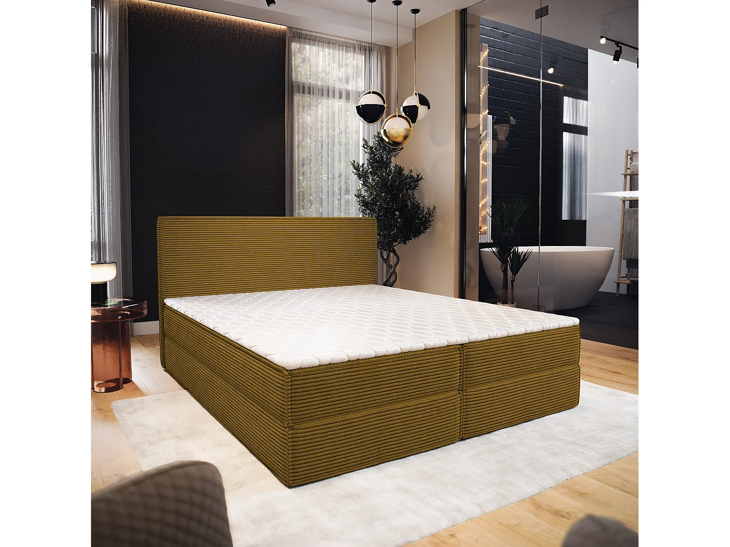 Lit continental PELLIO, 180x200 cm, Tissu en velours côtelé, Jaune