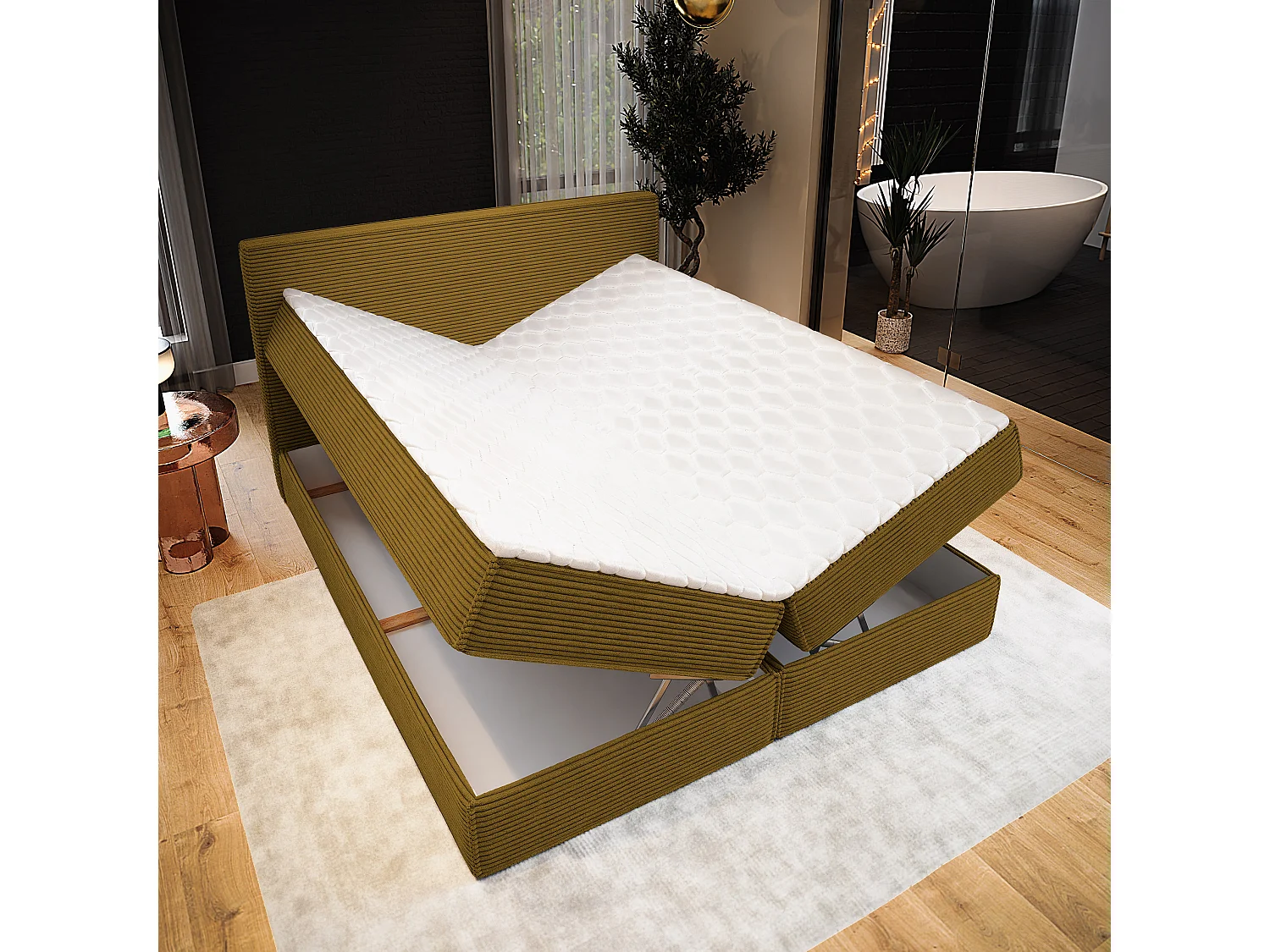 Lit continental PELLIO, 180x200 cm, Tissu en velours côtelé, Jaune