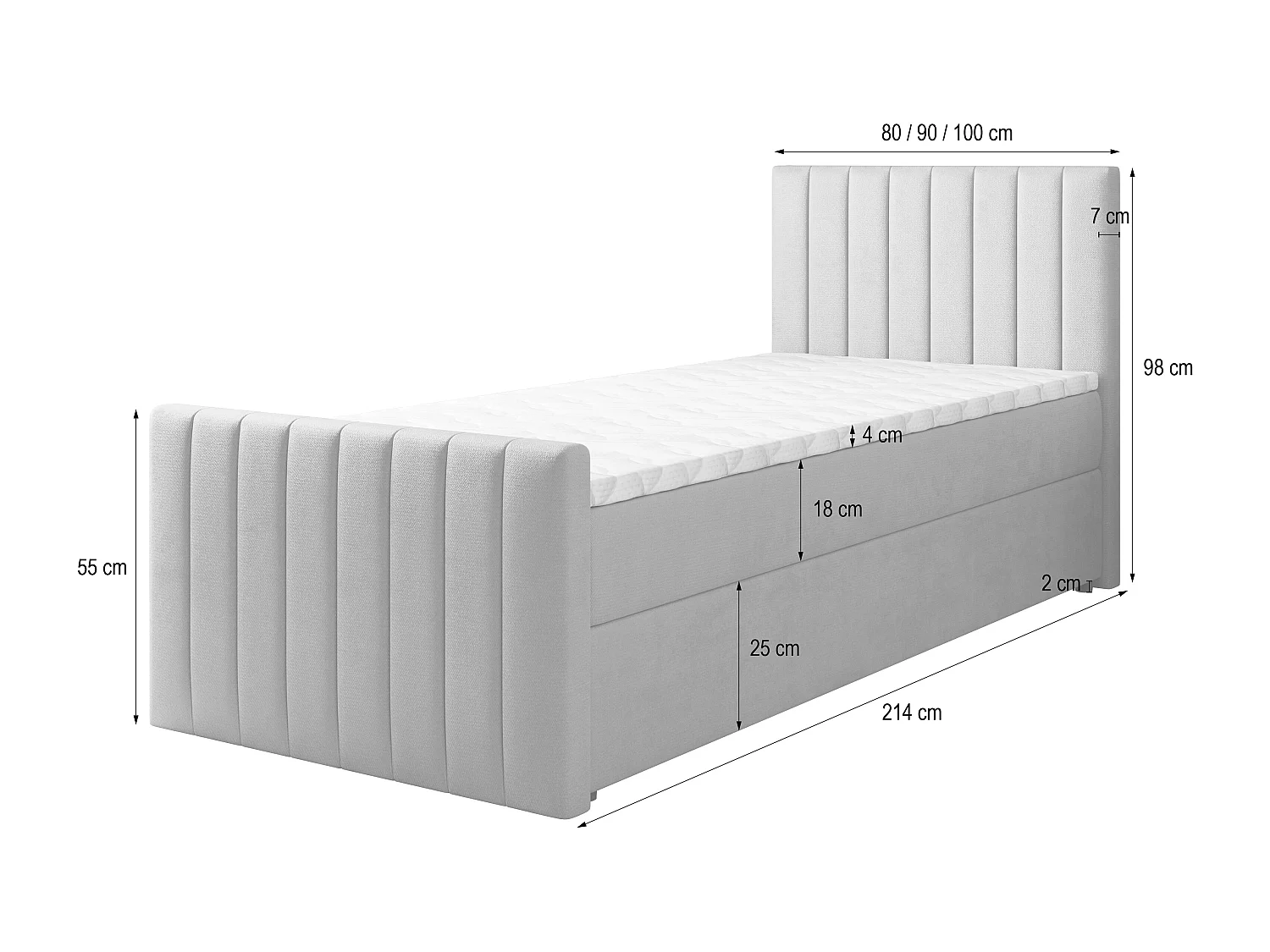 Boxspringbed ARION 100x200 cm Set met hoofdbord, bedbodem en matras, Grijs