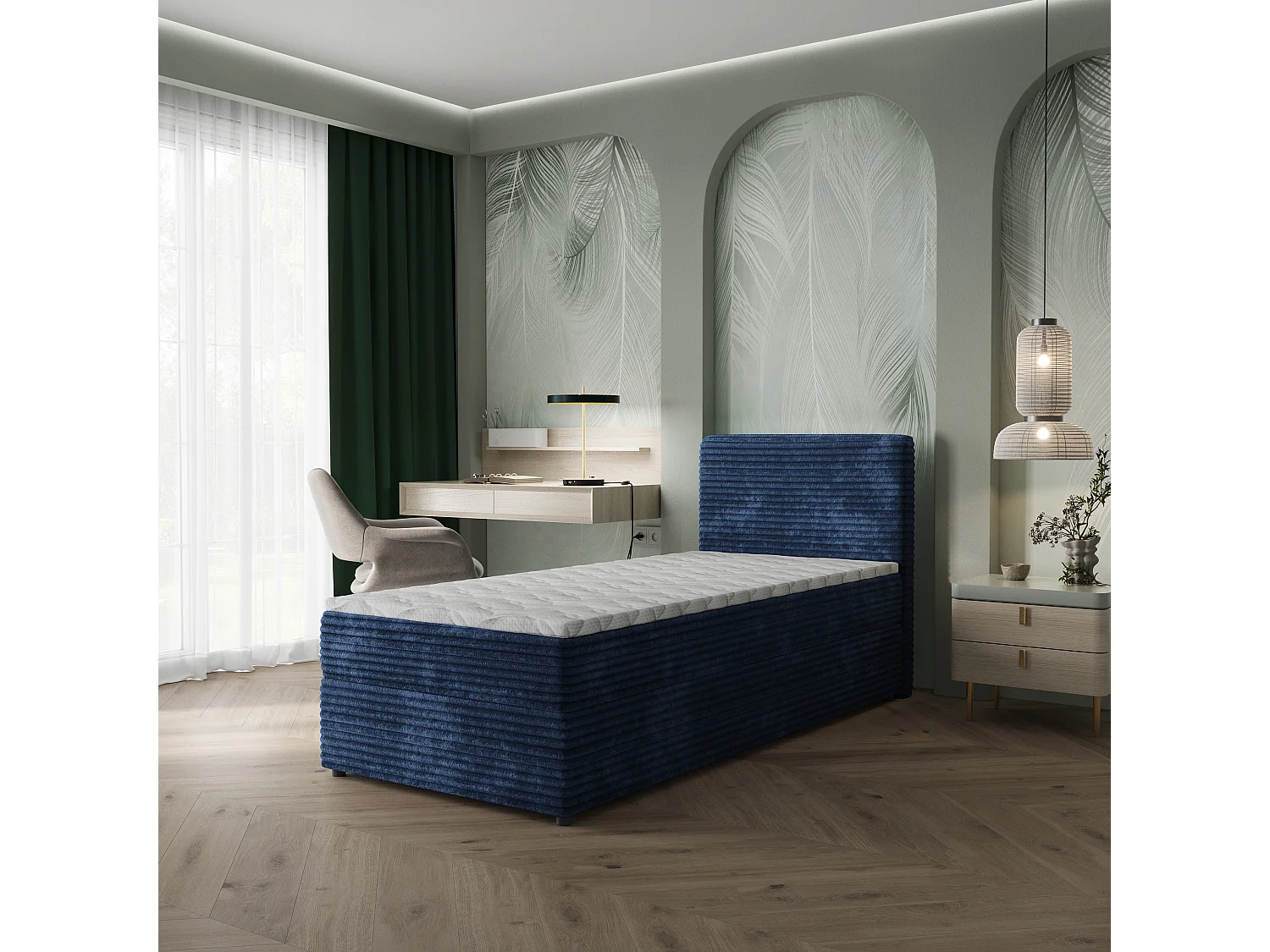 Boxspringbed PISA 90x200 cm Set met hoofdbord, bedbodem en matras, Blauw