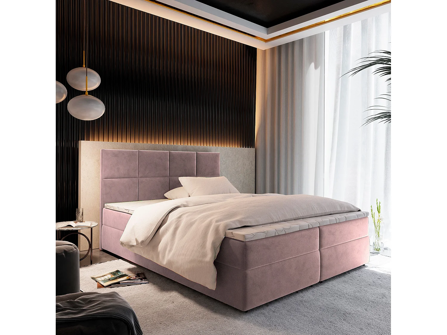 Boxspringbed LENA 180x200 cm Set met hoofdbord, bedbodem en matras, Poederroze