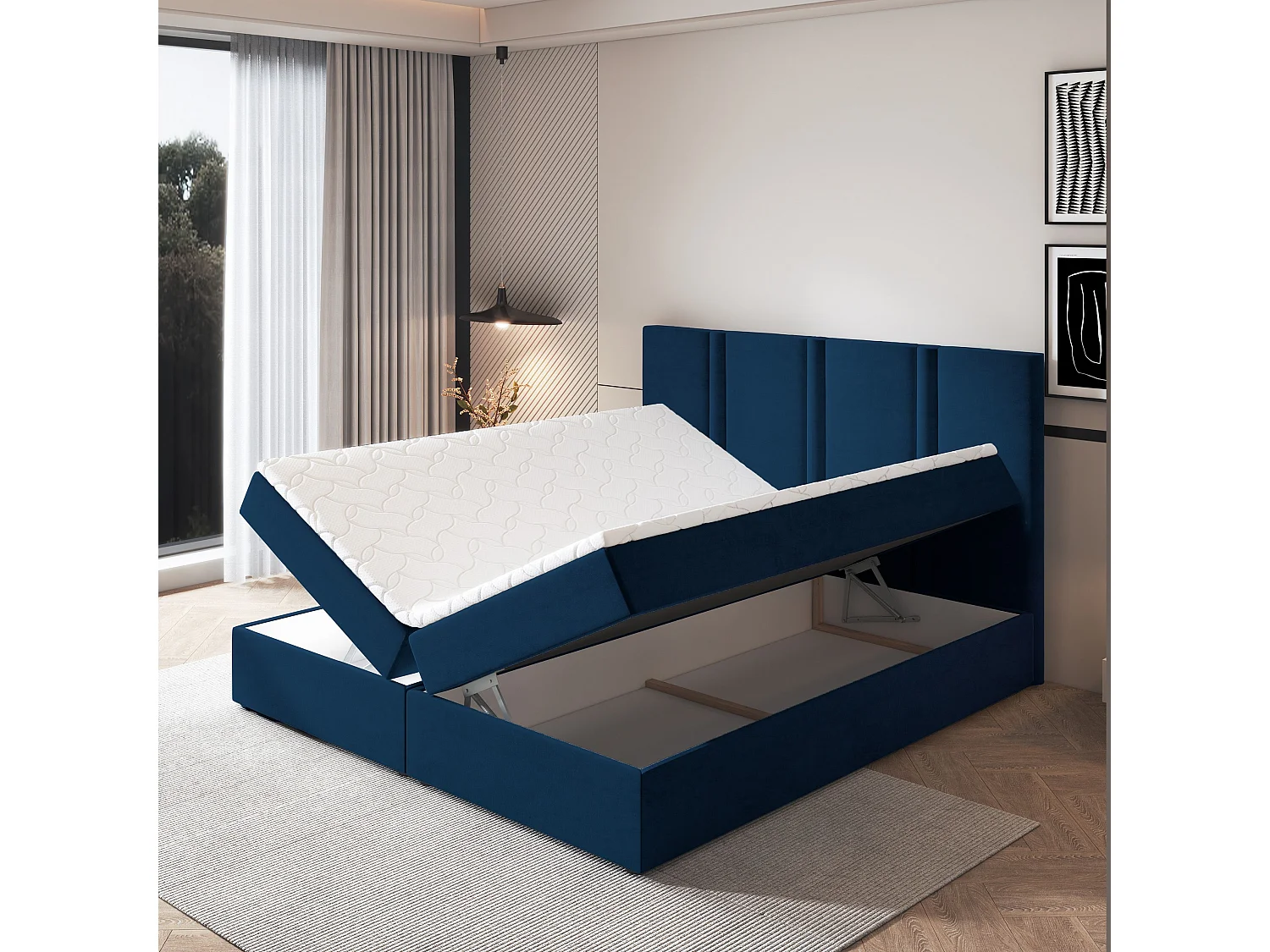 Lit continental LARIO, 160x200 cm, Tissu pelucheux, Bleu