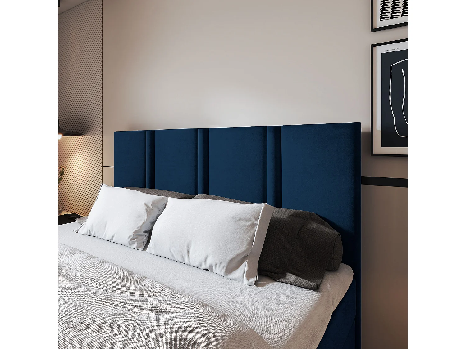 Lit continental LARIO, 160x200 cm, Tissu pelucheux, Bleu