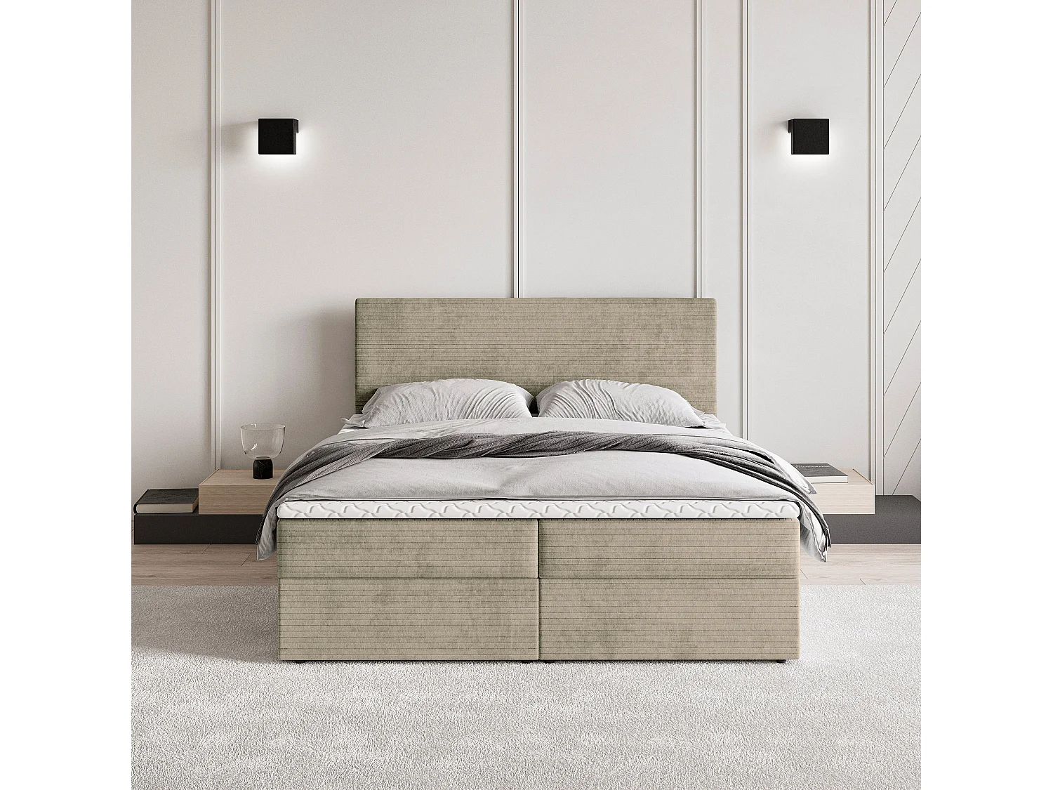 Lit continental NIRA, 160x200 cm, Tissu pelucheux, Beige