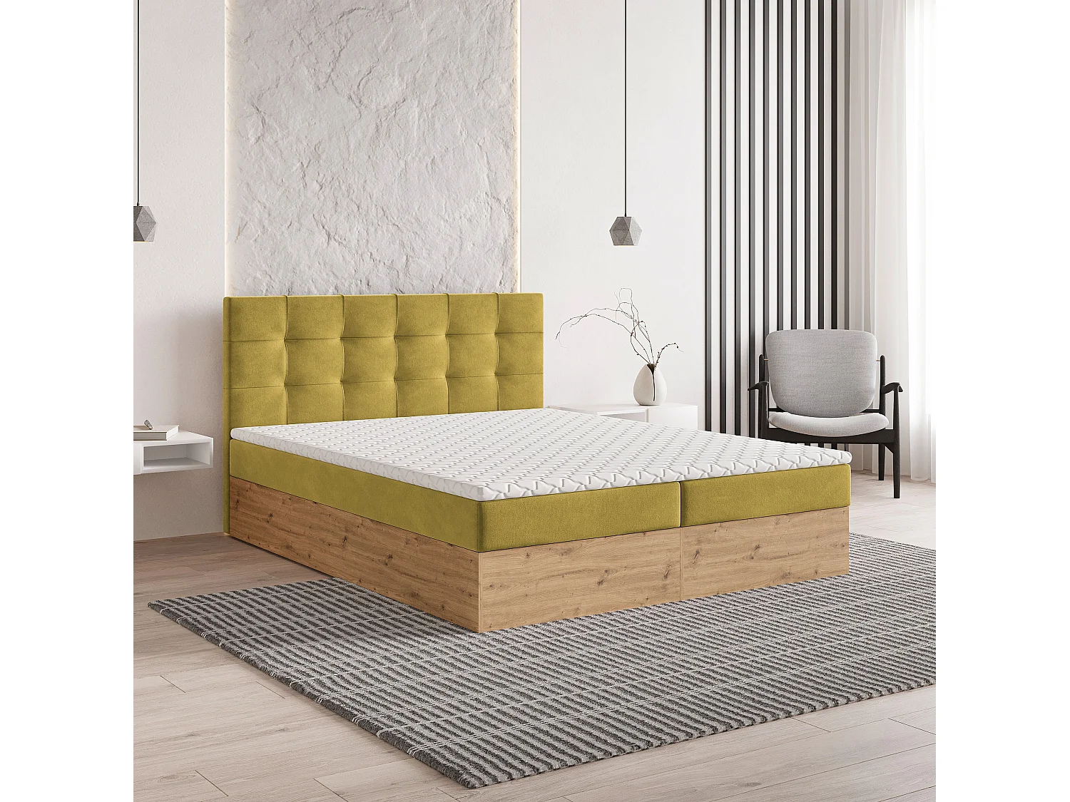 Lit continental MOLVEN, 180x200 cm, Tissu tressé, Jaune