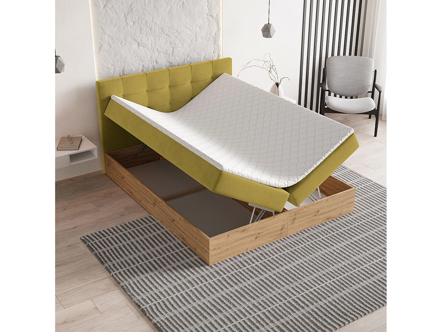 Lit continental MOLVEN, 180x200 cm, Tissu tressé, Jaune