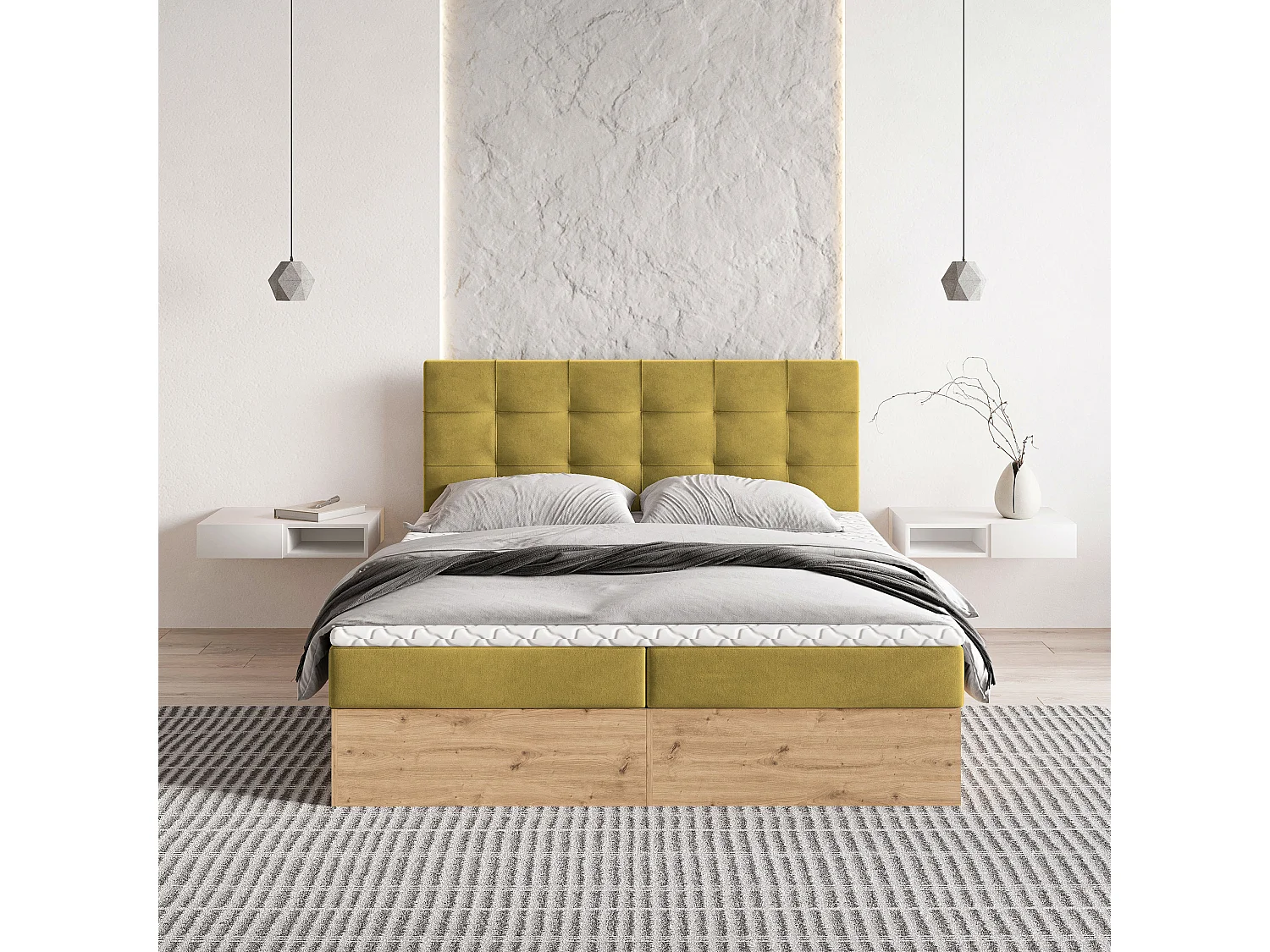 Lit continental MOLVEN, 180x200 cm, Tissu tressé, Jaune