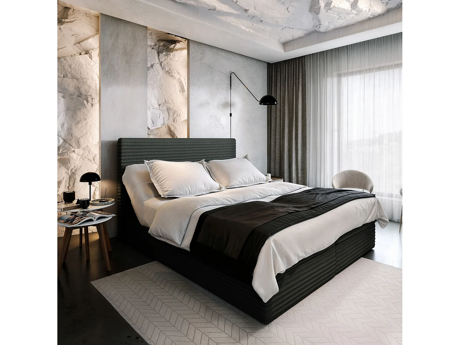 Boxspringbed MILARA 140x200 cm Set met hoofdbord, bedbodem en matras, Zwart