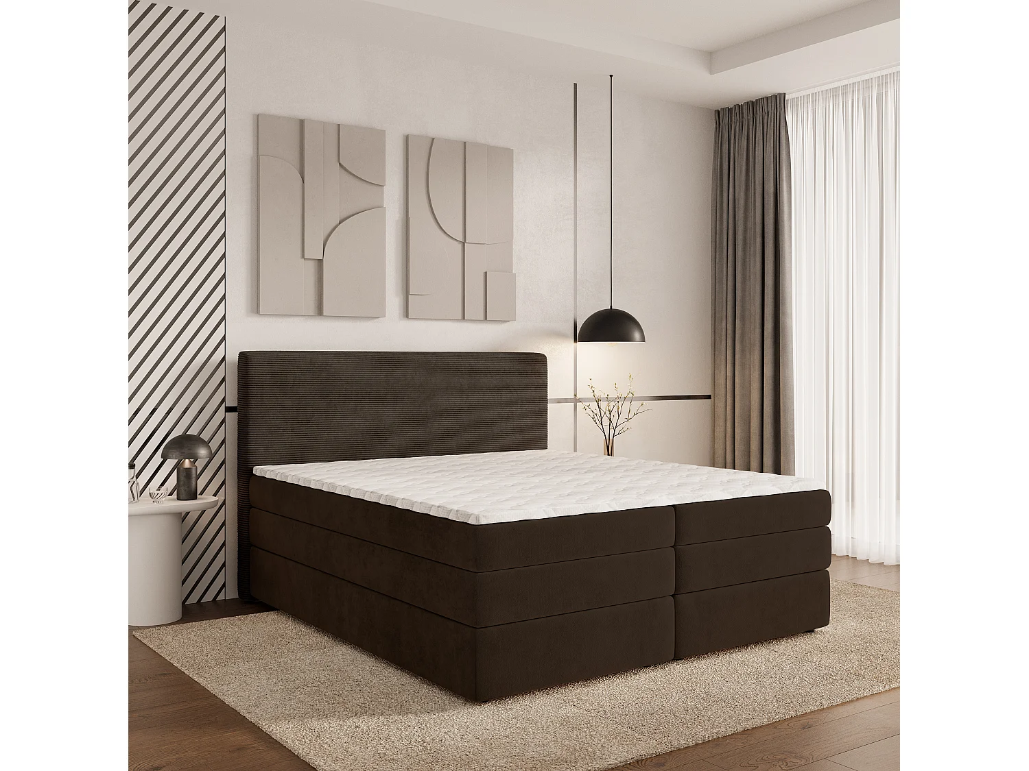 Lit continental MATERN, 180x200 cm, Tissu pelucheux, Marron