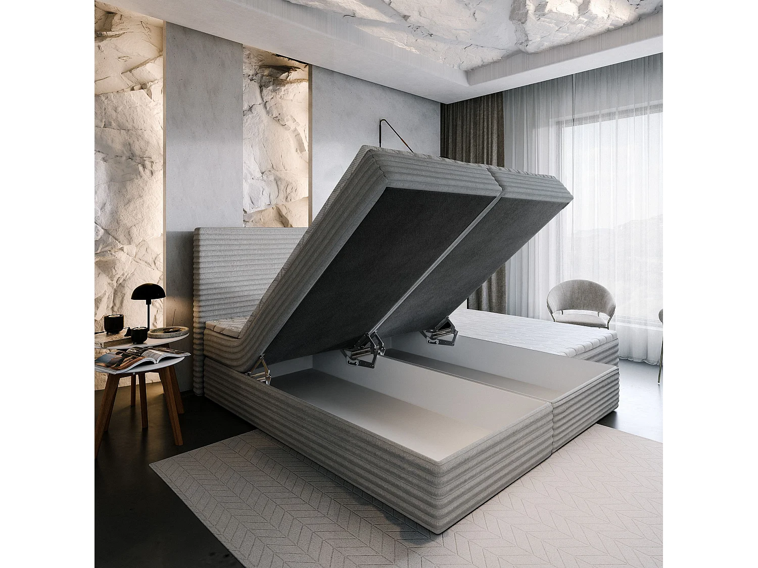 Boxspringbed MILARA 140x200 cm Set met hoofdbord, bedbodem en matras, Lichtgrijs