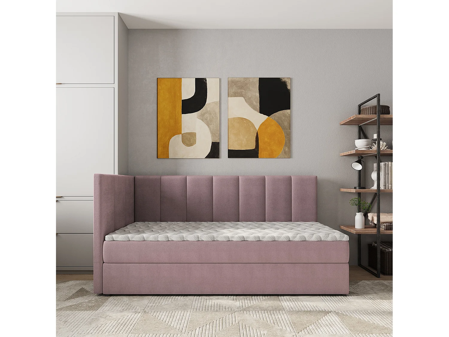 Lit boxspring BEVE 80x200 cm avec tête de lit, sommier et matelas, Rose poudré