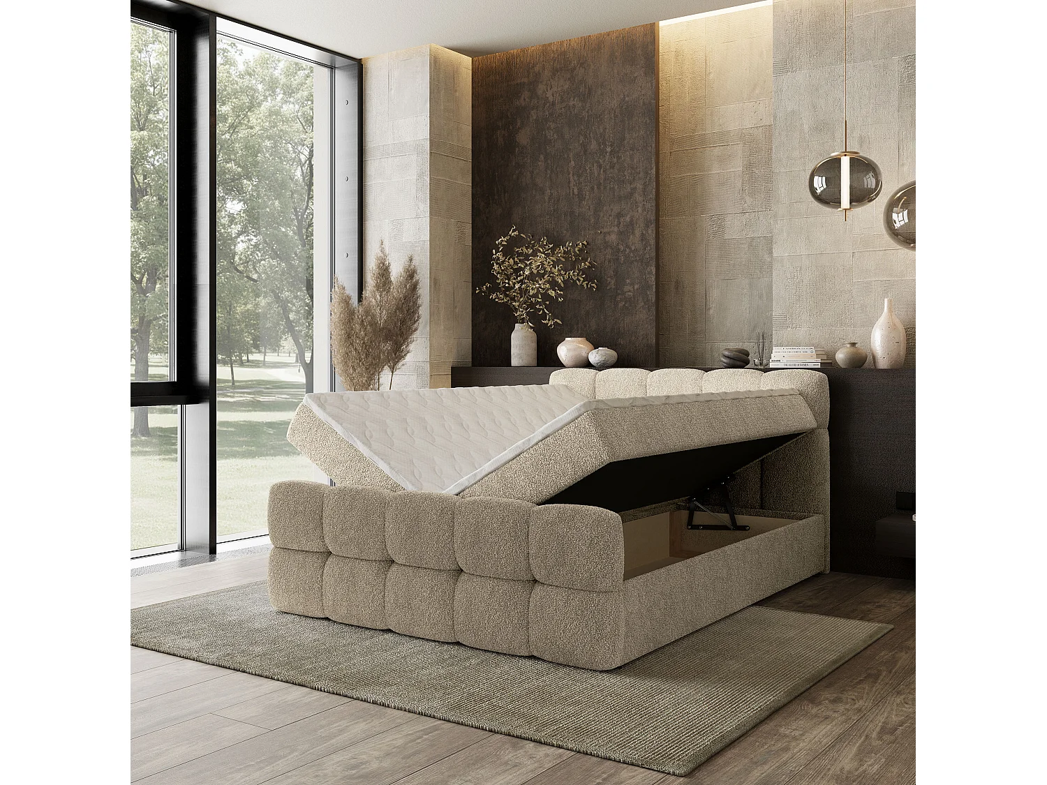 Boxspringbed BRUME 160x200 cm Set met hoofdbord, bedbodem en matras, Crème
