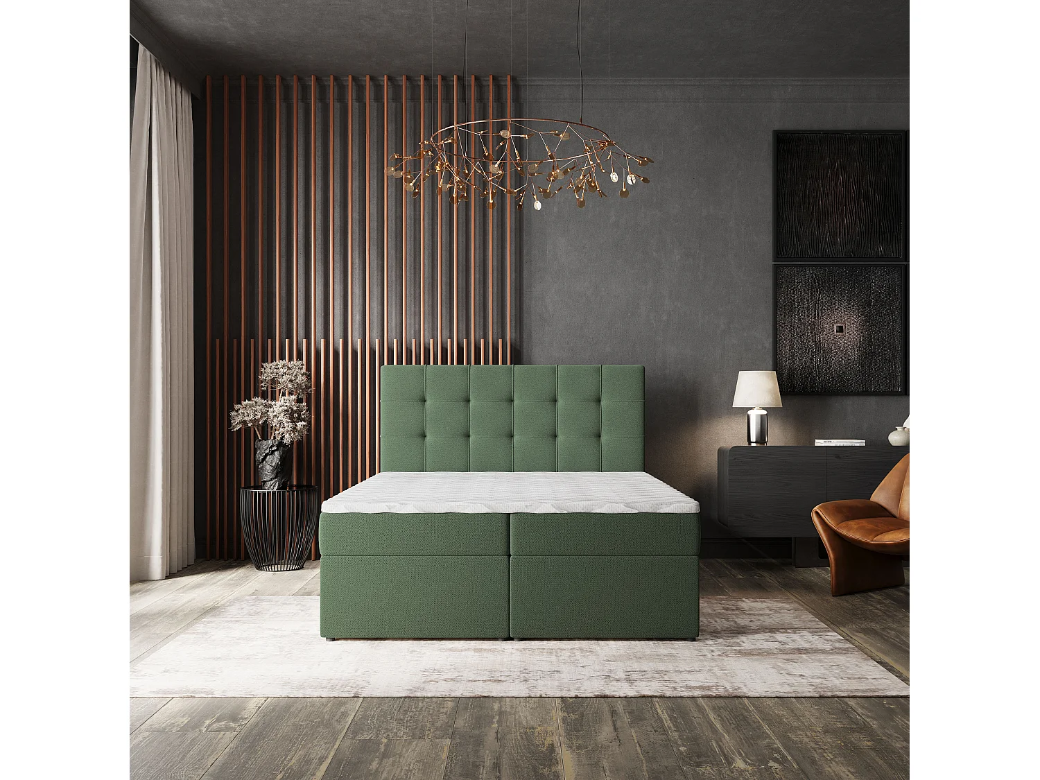 Lit continental PALMA, 140x200 cm, Tissu tressé, Vert