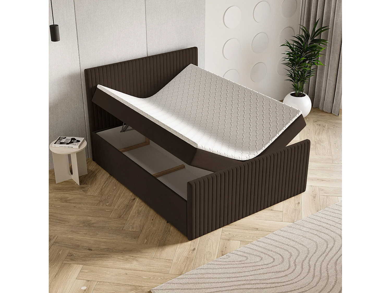 Lit continental TERVAN, 180x200 cm, Tissu pelucheux, Marron