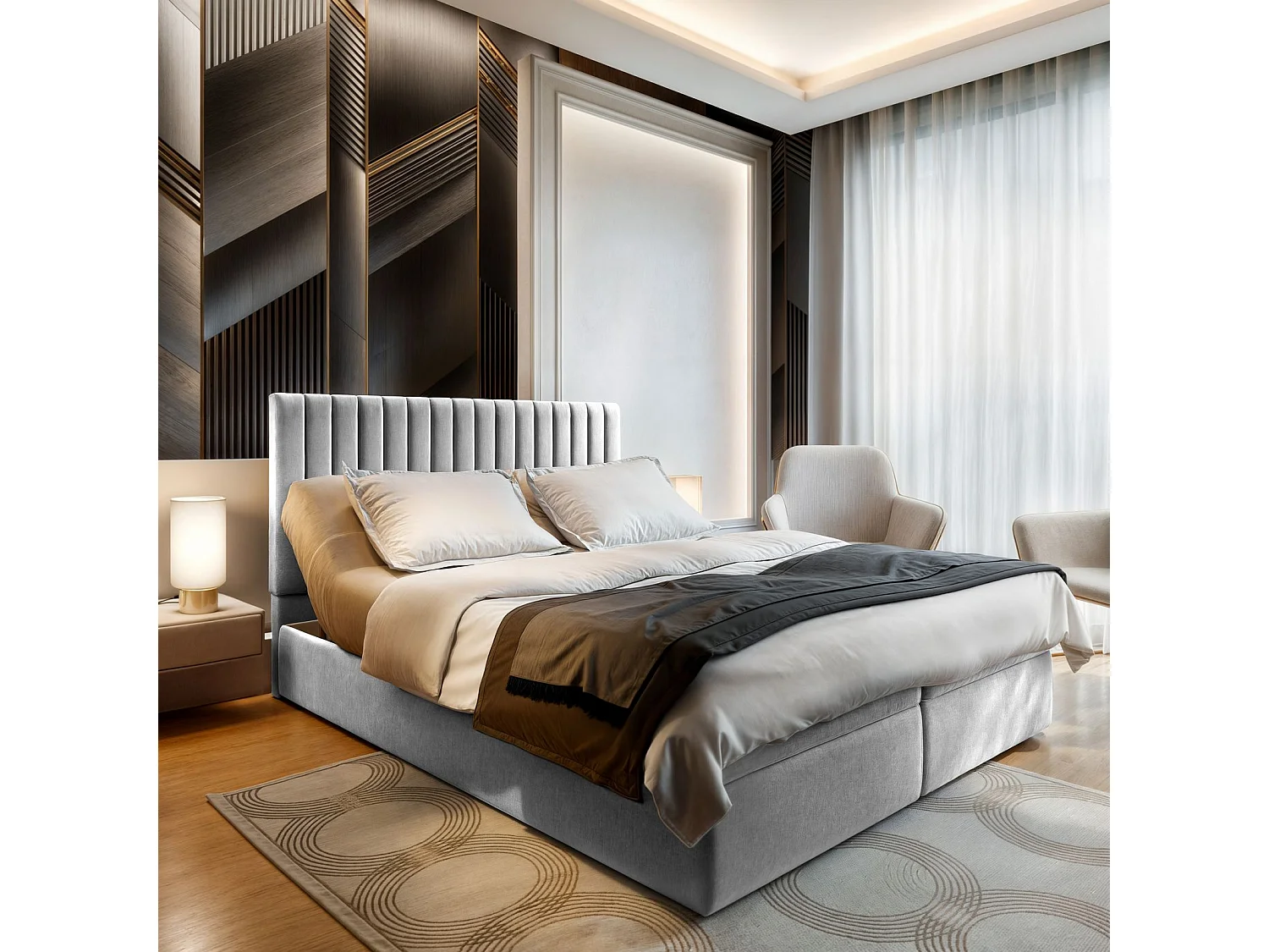 Lit continental MURLO, 180x200 cm, Tissu pelucheux, Gris clair