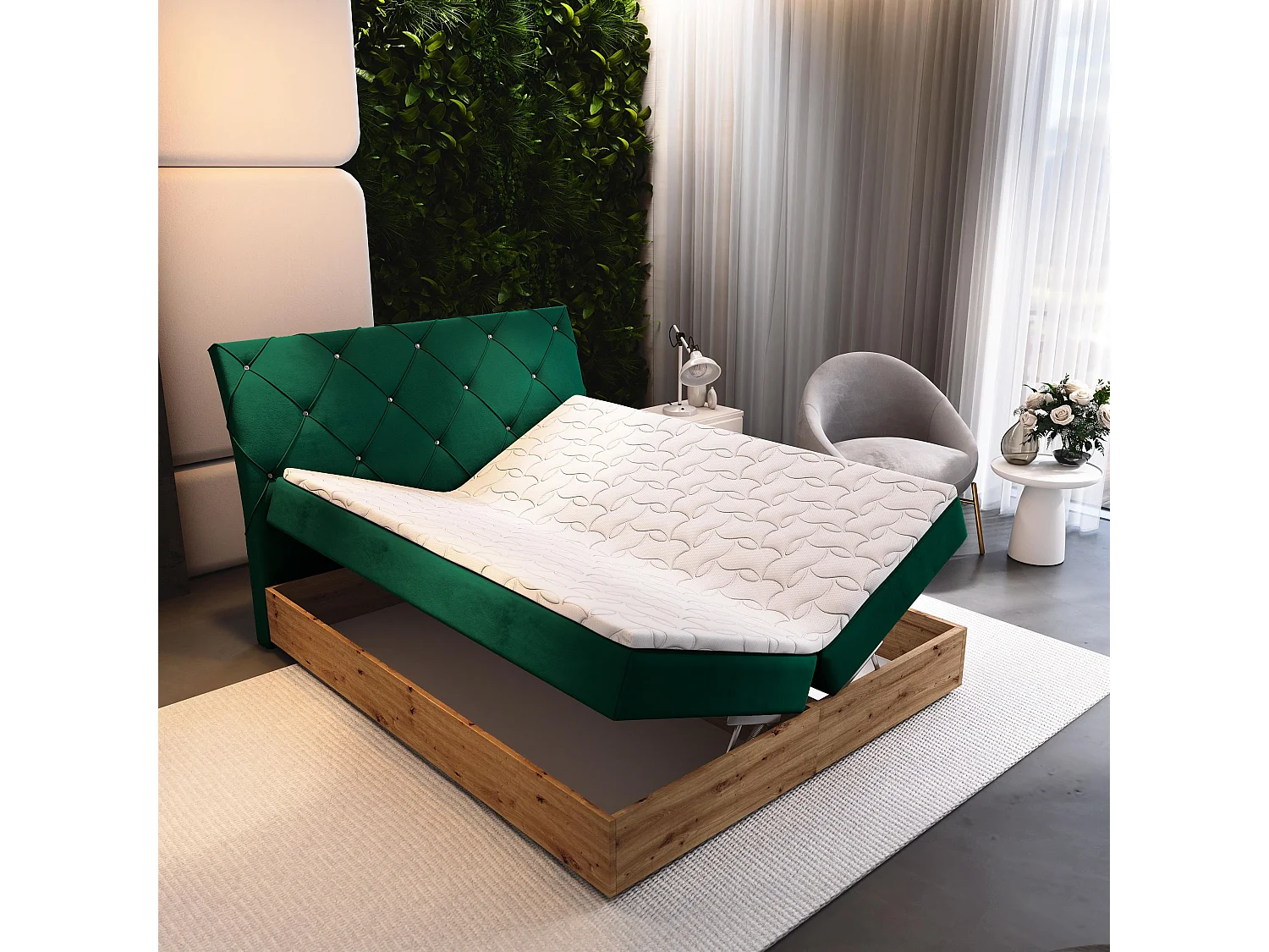 Lit continental VELLANO, 160x200 cm, Tissu pelucheux, Vert
