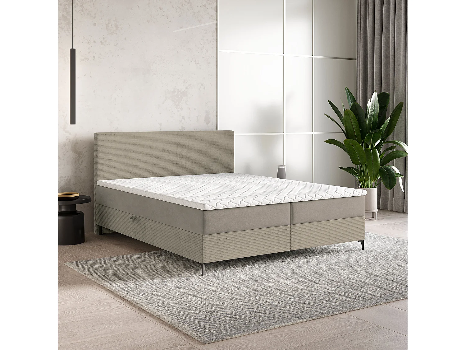 Lit continental TORREL, 160x200 cm, Tissu pelucheux, Beige