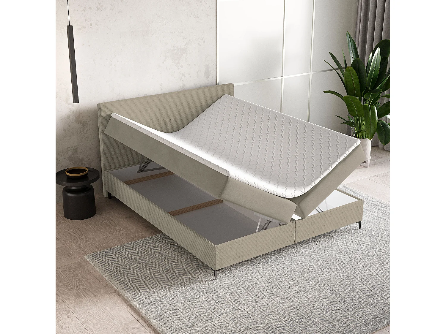 Lit continental TORREL, 160x200 cm, Tissu pelucheux, Beige
