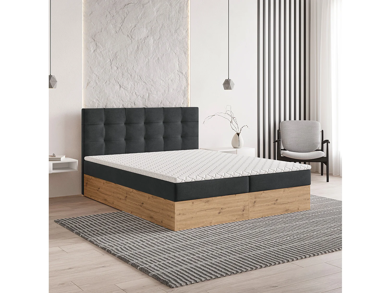 Lit continental MOLVEN, 160x200 cm, Tissu tressé, Gris