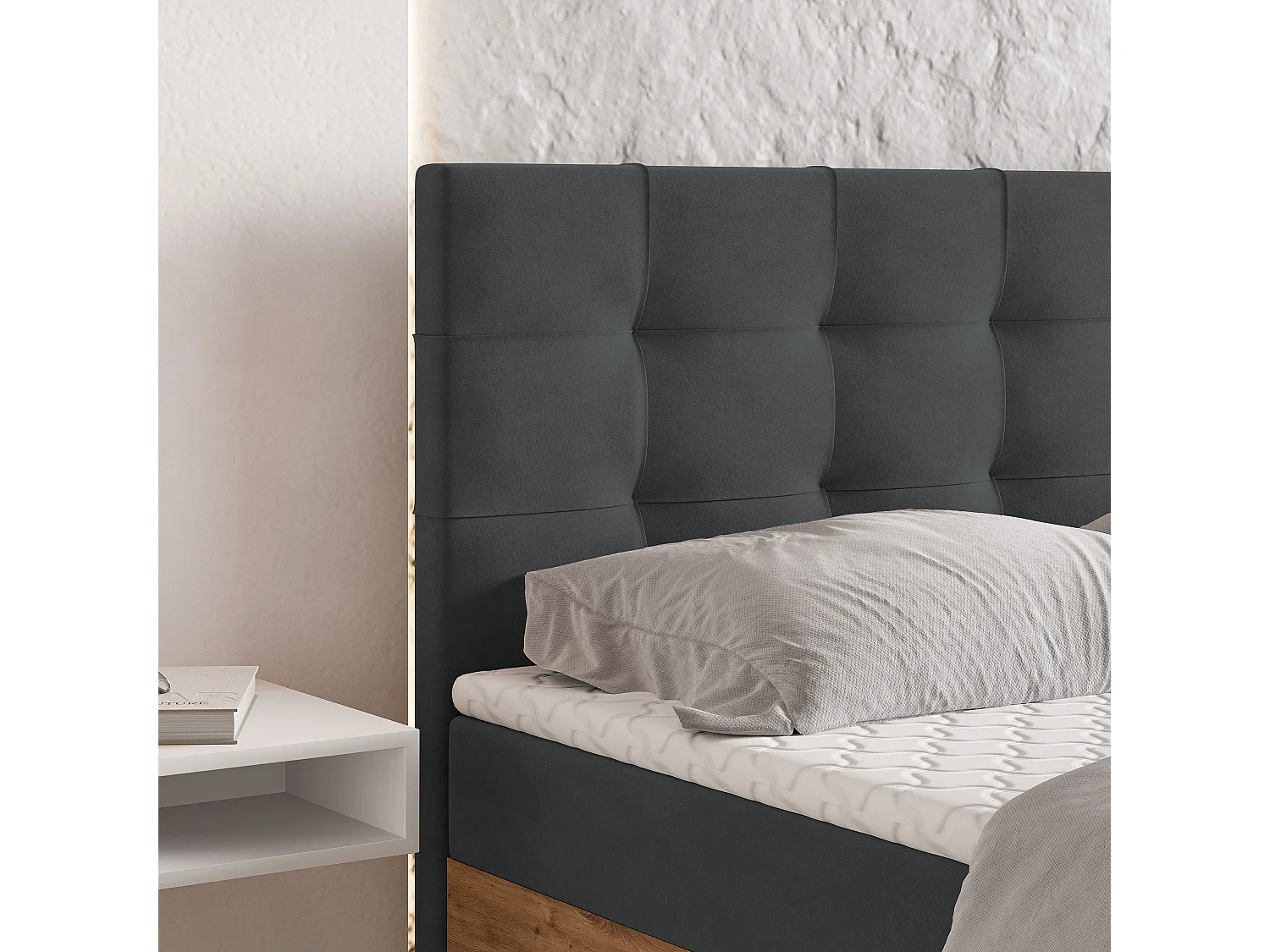 Lit continental MOLVEN, 160x200 cm, Tissu tressé, Gris