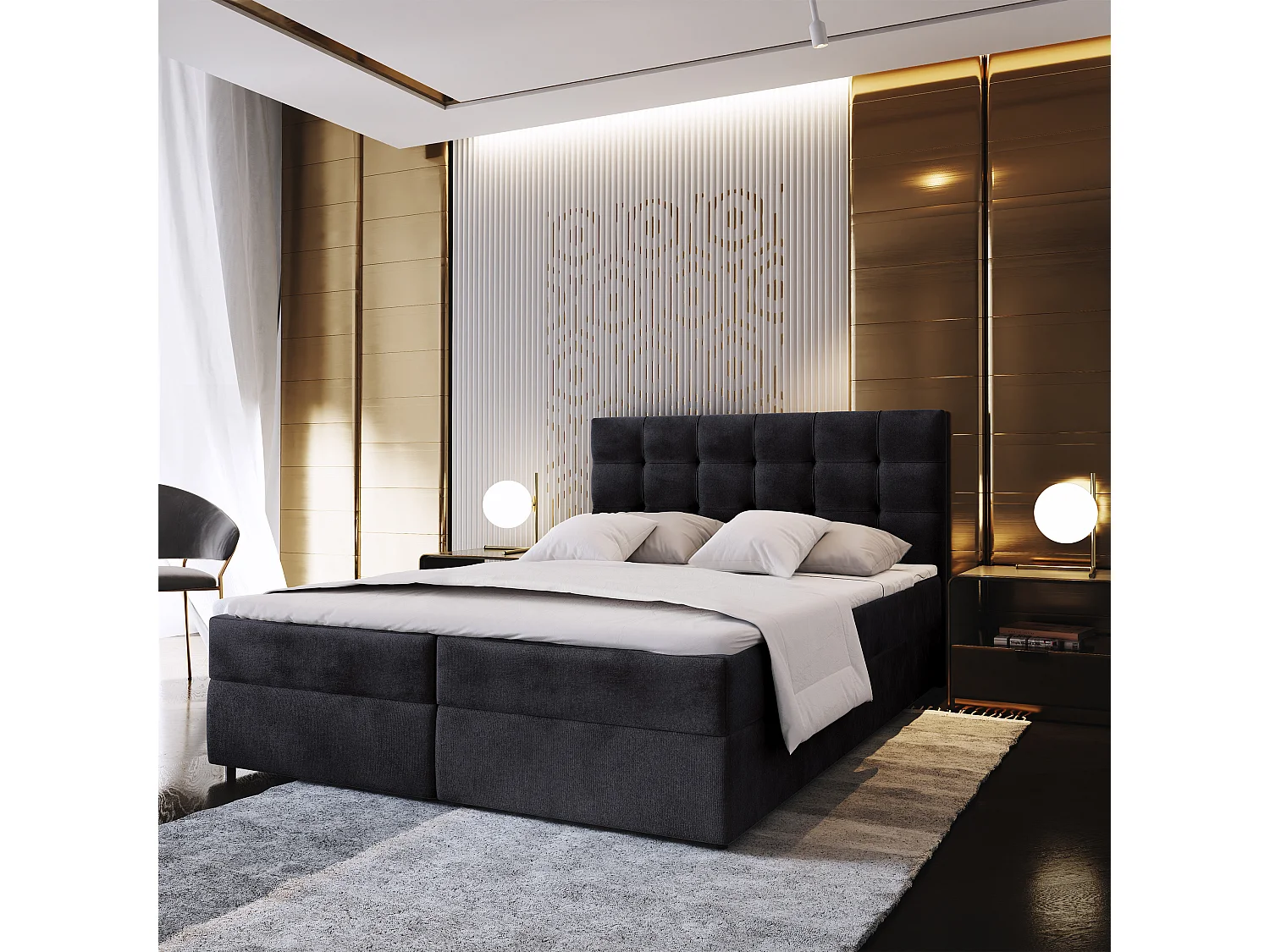 Lit continental GLOS, 180x200 cm, Tissu pelucheux, Noir
