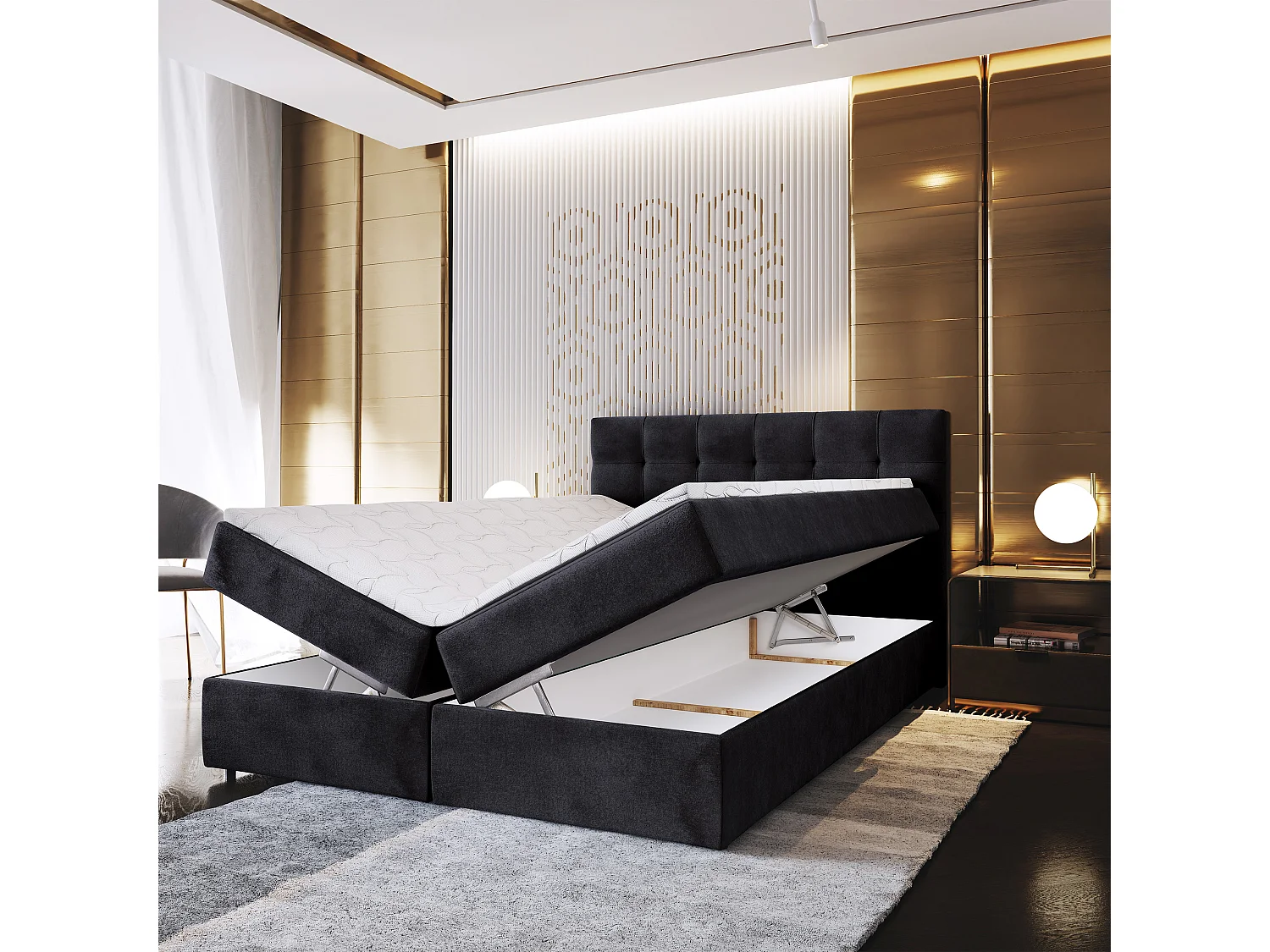 Lit continental GLOS, 180x200 cm, Tissu pelucheux, Noir