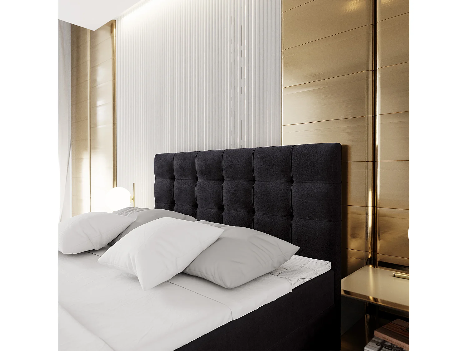 Lit continental GLOS, 180x200 cm, Tissu pelucheux, Noir