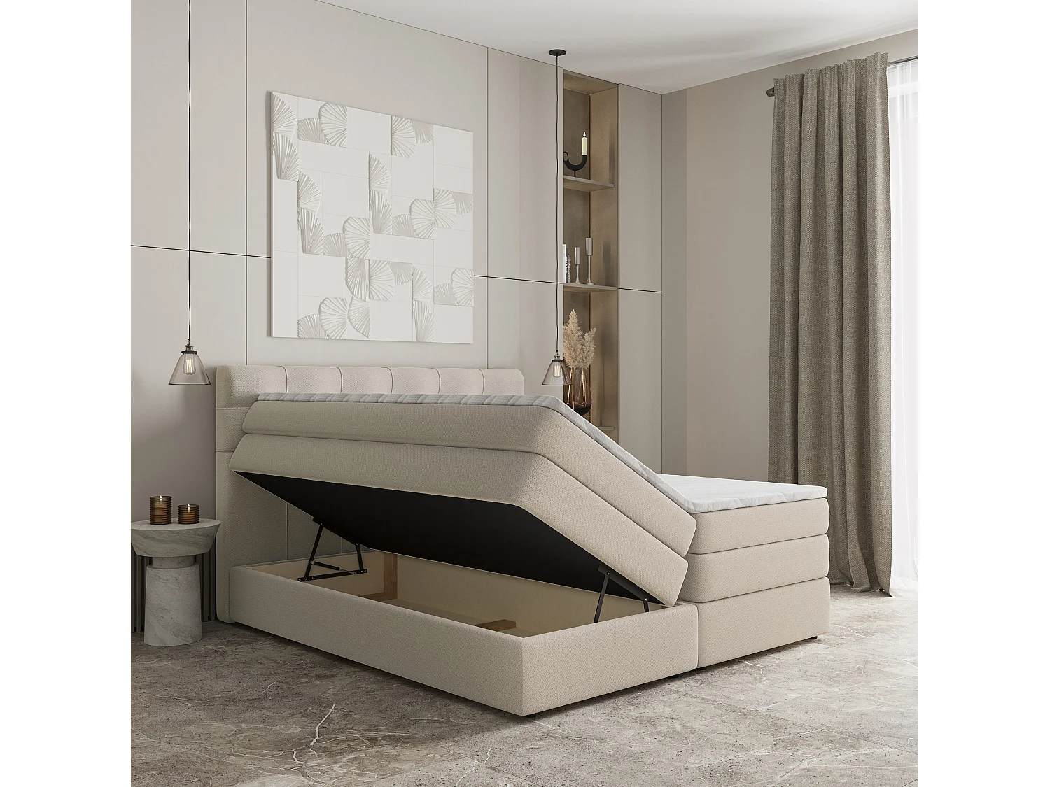 Lit continental AREZI, 140x200 cm, Tissu tressé, Beige