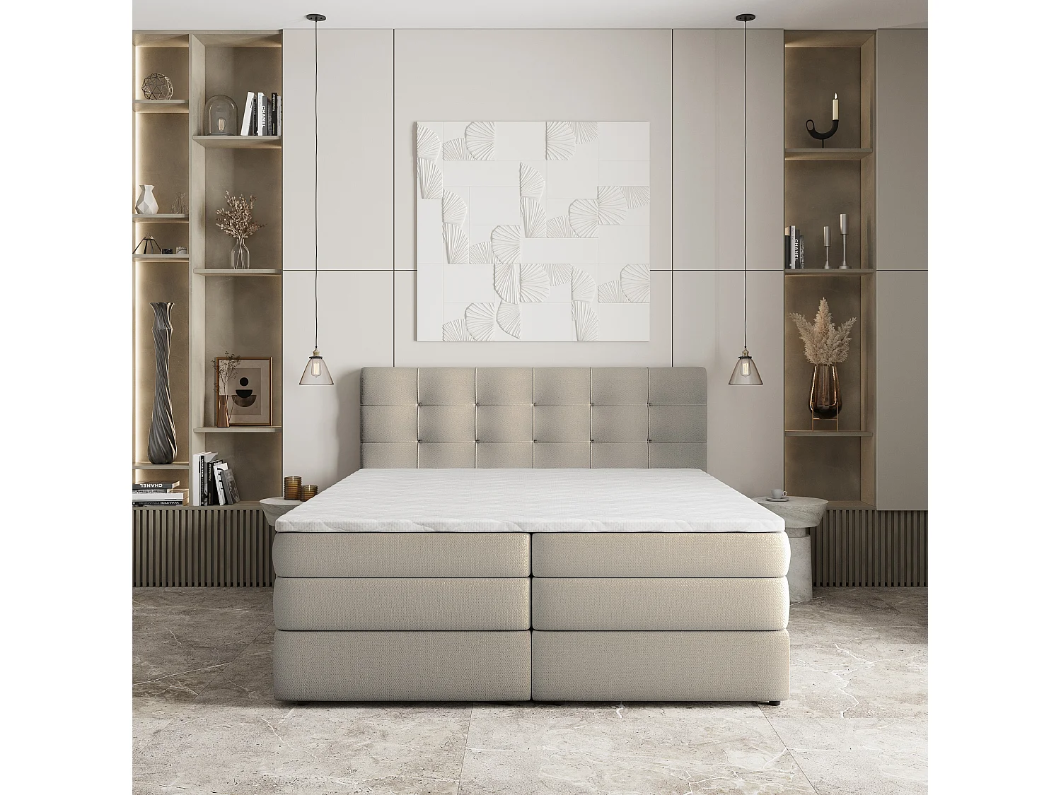 Lit continental AREZI, 140x200 cm, Tissu tressé, Beige