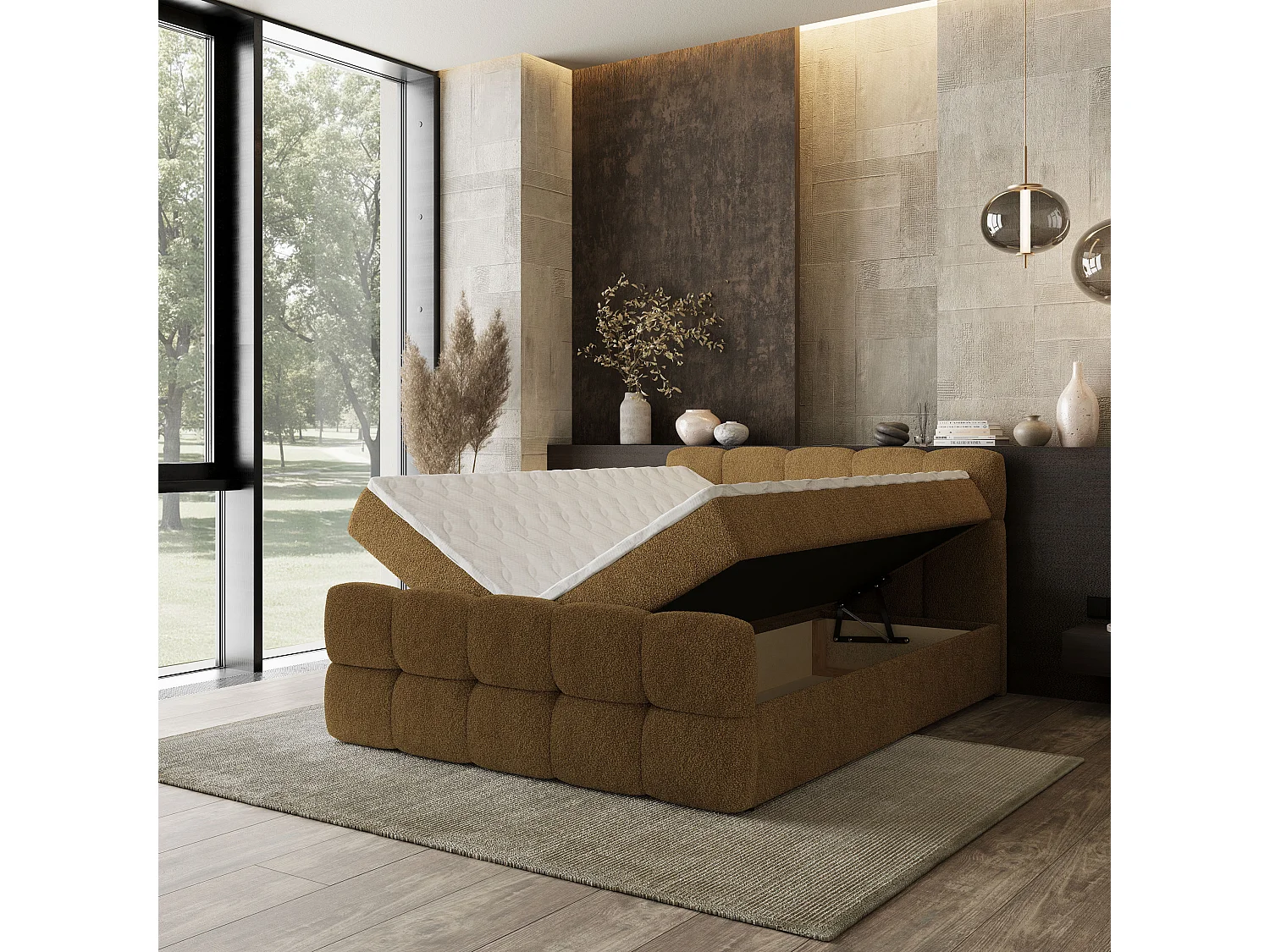 Boxspringbed BRUME 160x200 cm Set met hoofdbord, bedbodem en matras, Mosterdkleur