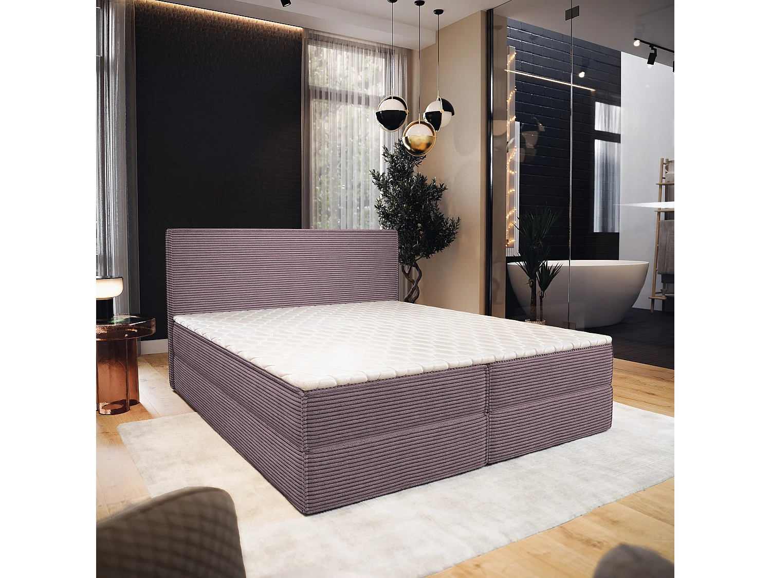 Lit continental PELLIO, 180x200 cm, Tissu en velours côtelé, Violet