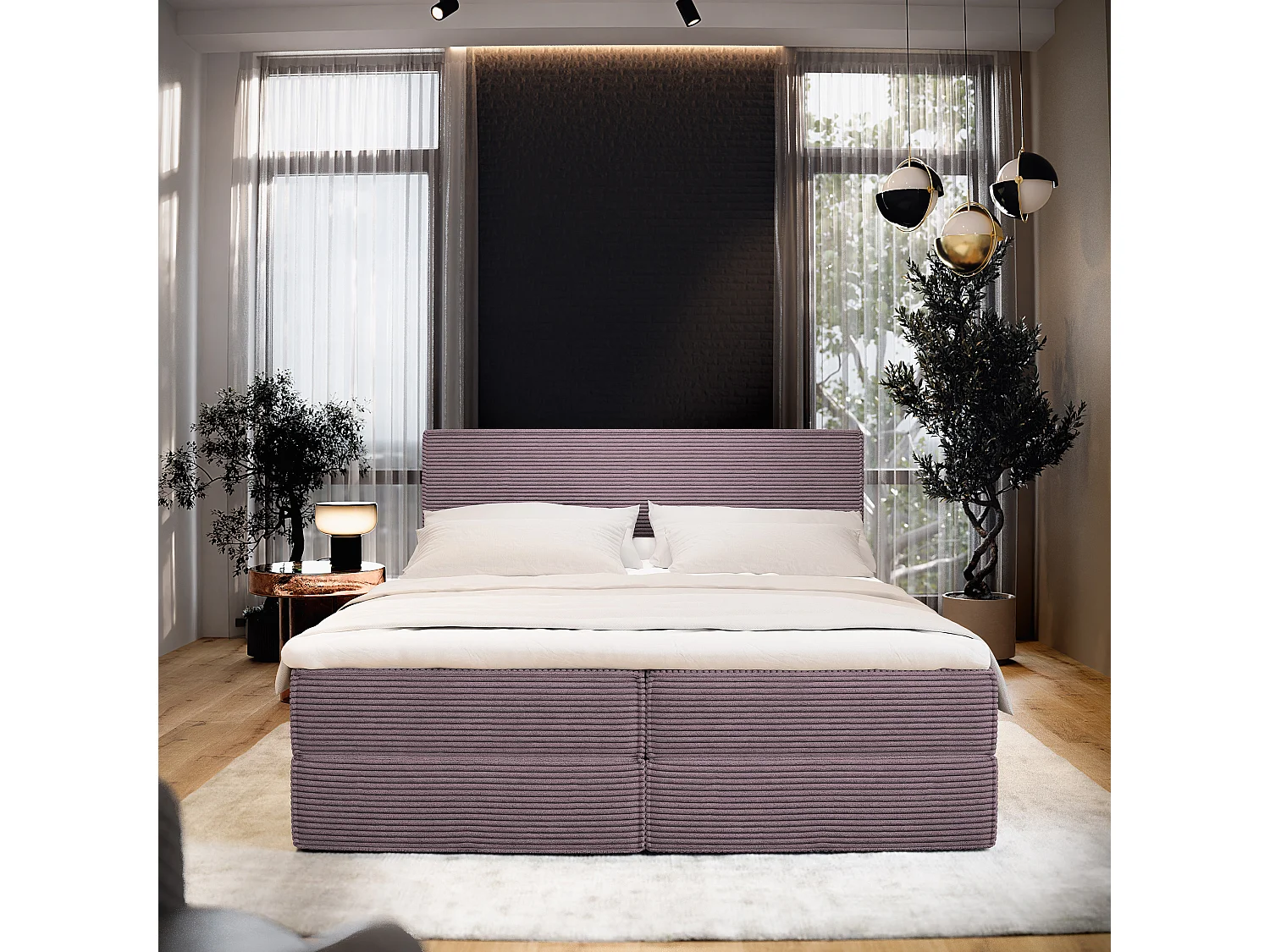 Lit continental PELLIO, 180x200 cm, Tissu en velours côtelé, Violet