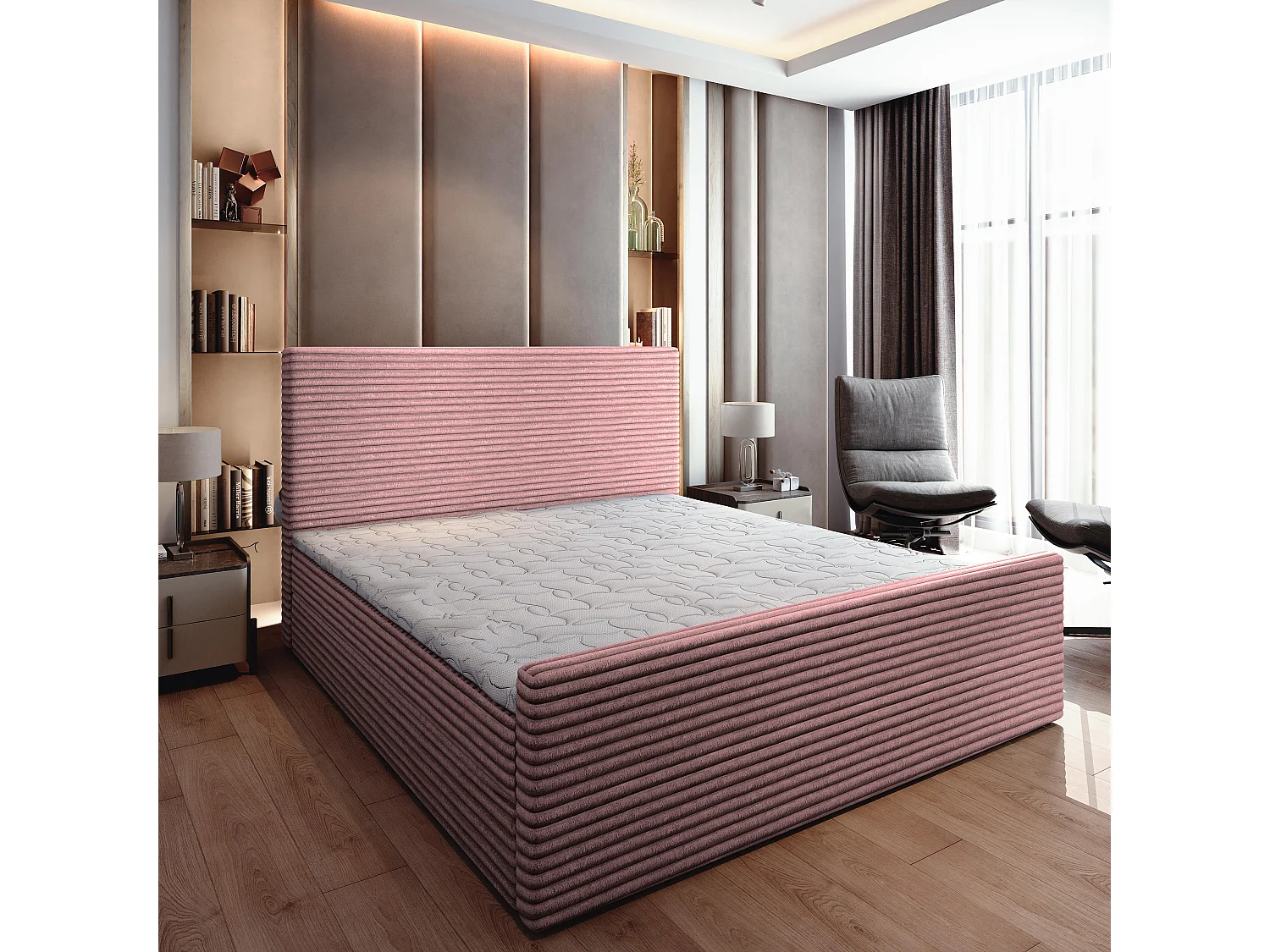 Boxspringbed BRENTO 140x200 cm Set met hoofdbord, bedbodem en matras, Poederroze