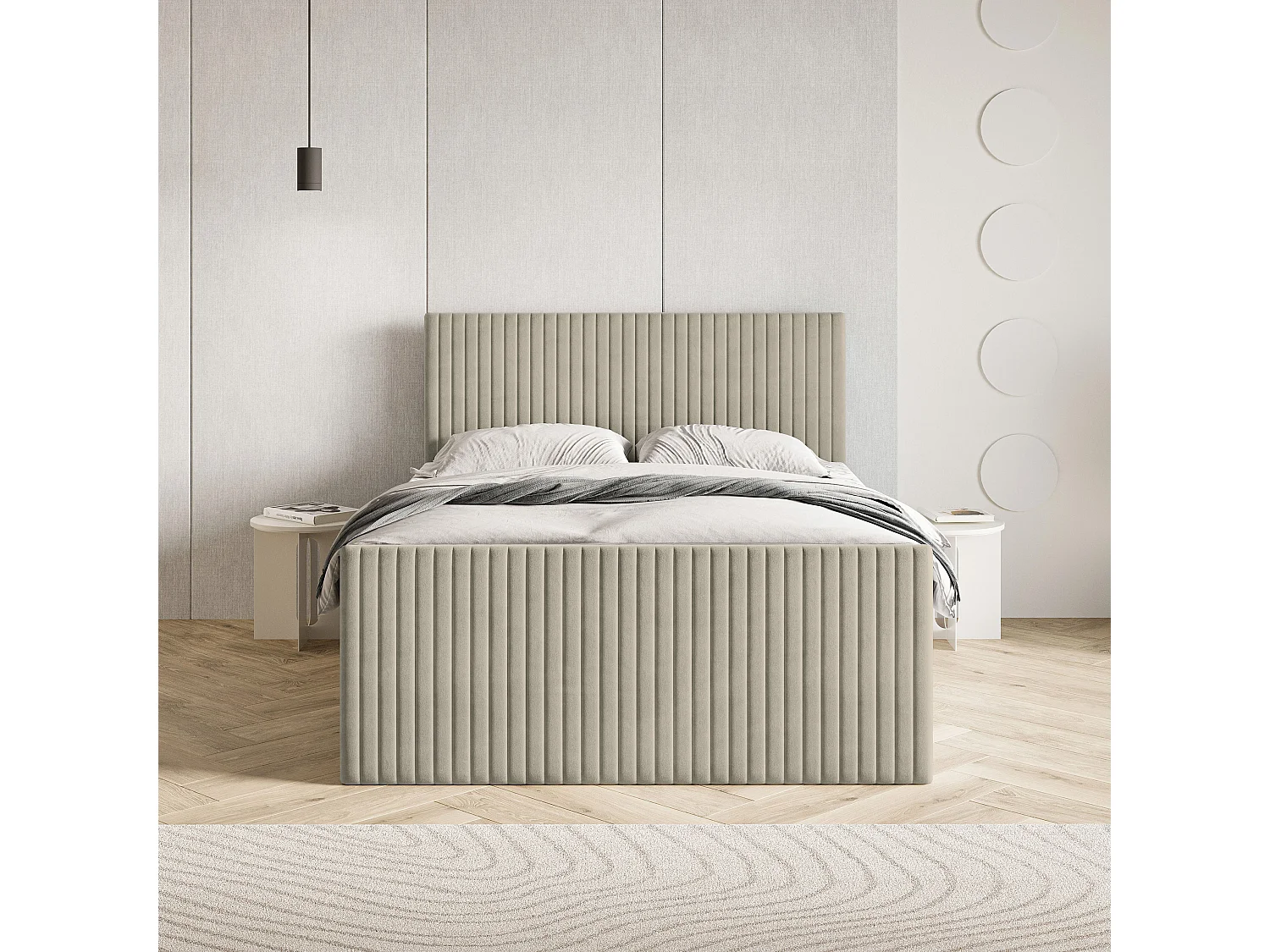 Lit continental TERVAN, 160x200 cm, Tissu pelucheux, Beige