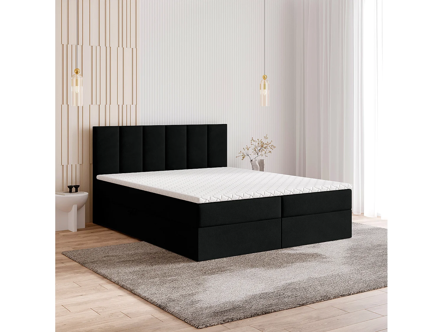 Lit continental MERIL, 180x200 cm, Tissu pelucheux, Noir