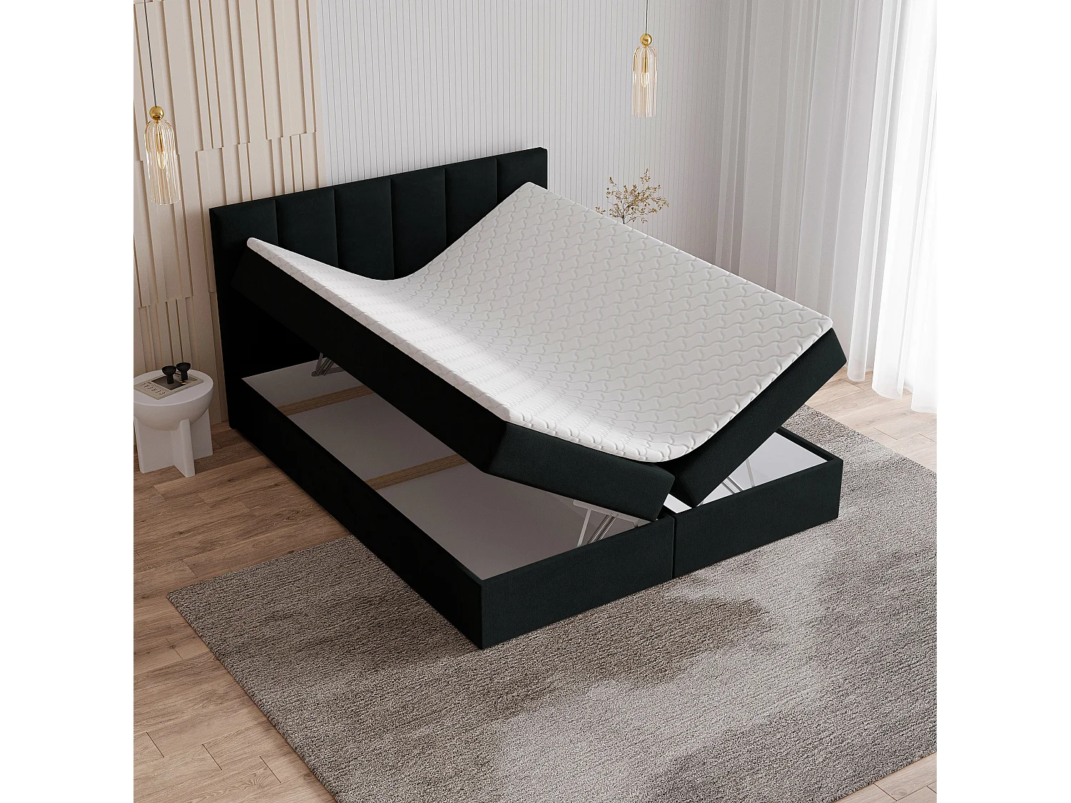 Lit continental MERIL, 180x200 cm, Tissu pelucheux, Noir