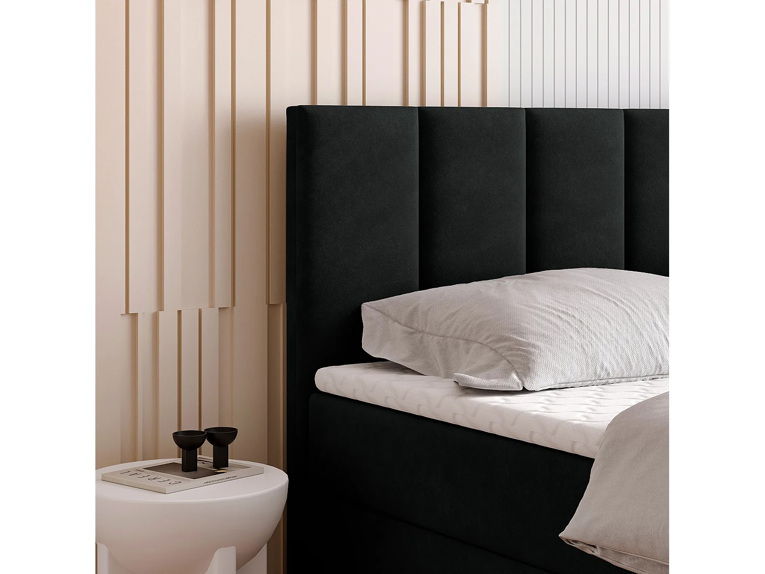 Lit continental MERIL, 180x200 cm, Tissu pelucheux, Noir