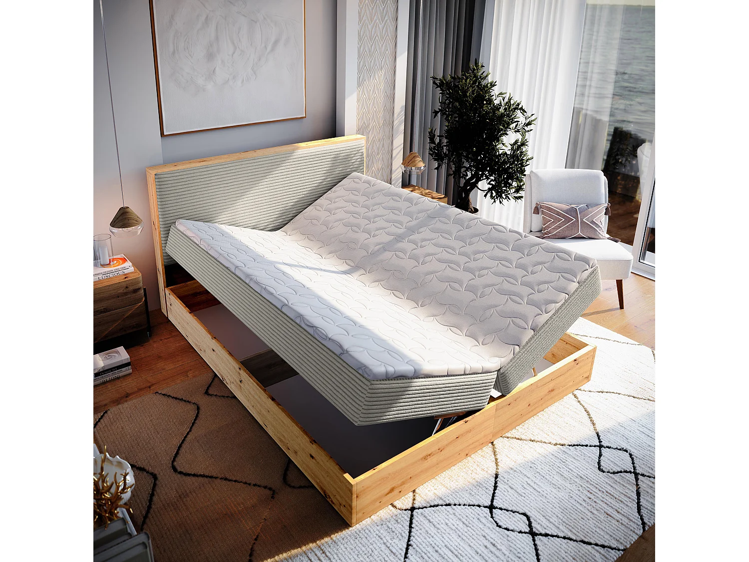 Lit continental VERDON, 180x200 cm, Tissu en velours côtelé, Beige