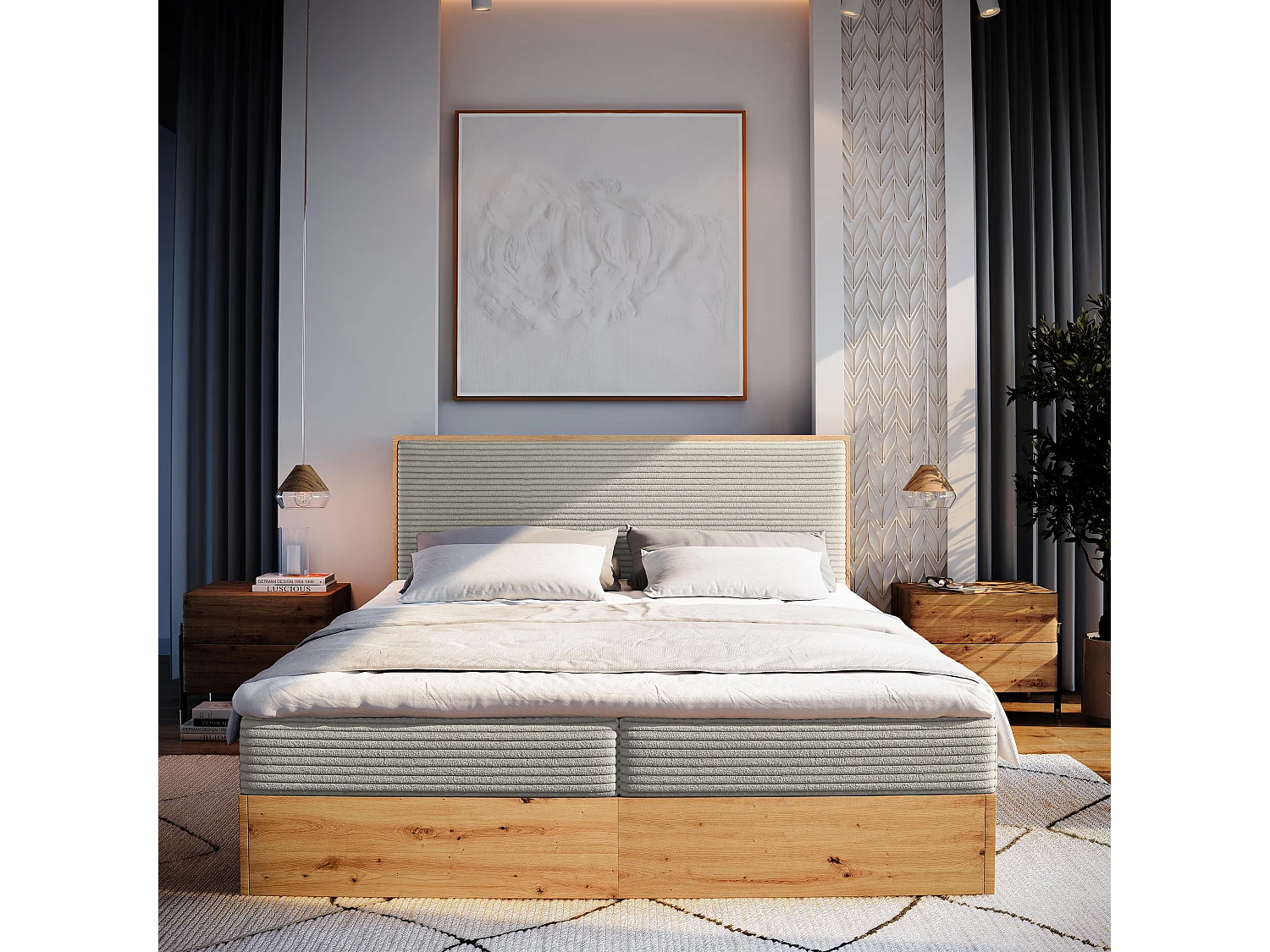 Lit continental VERDON, 180x200 cm, Tissu en velours côtelé, Beige