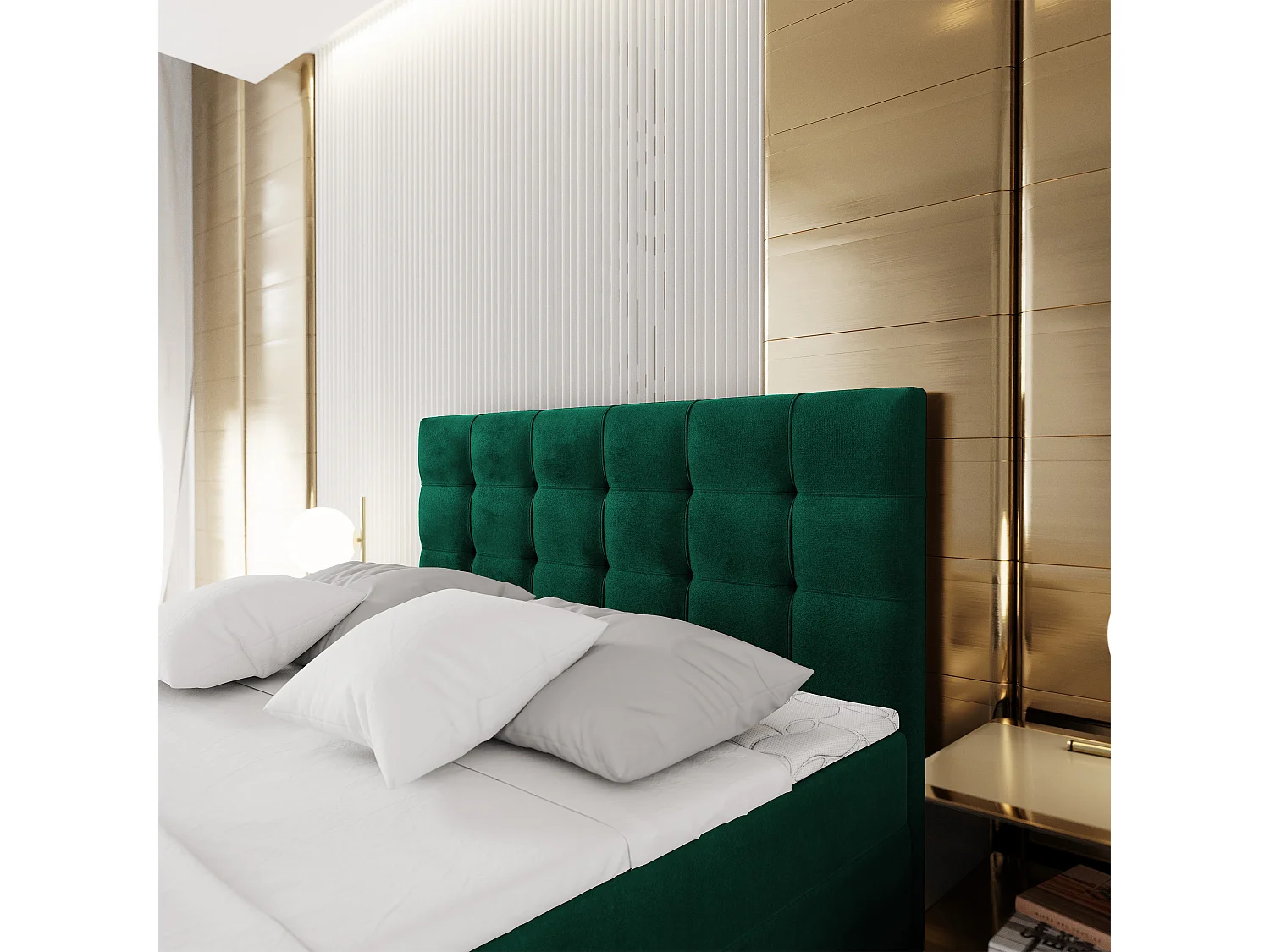 Lit continental GLOS, 160x200 cm, Tissu pelucheux, Vert