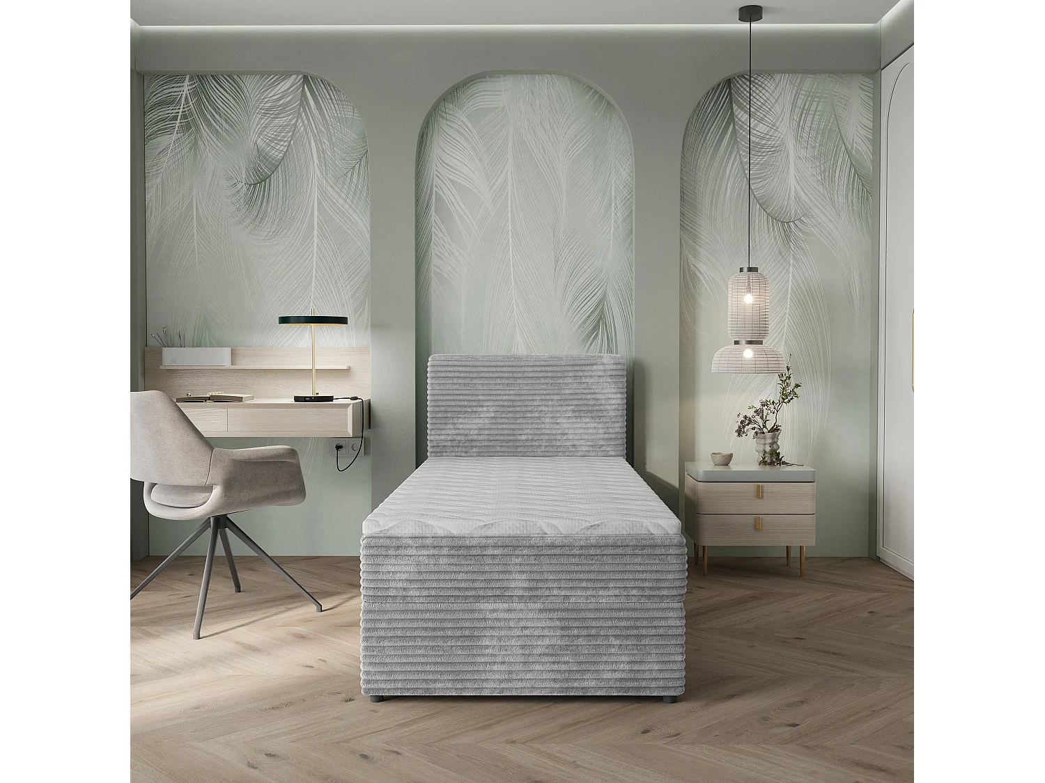 Lit boxspring PISA 100x200 cm avec tête de lit, sommier et matelas, Gris clair